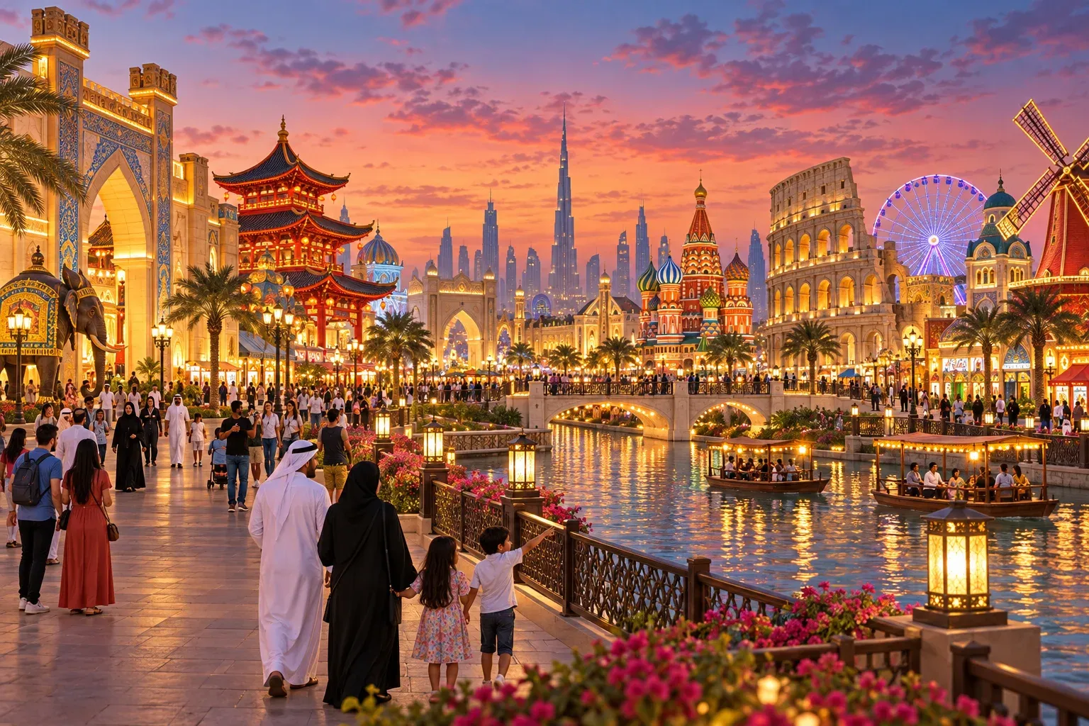 Cultural festival pavilions at dusk ? AI illustration