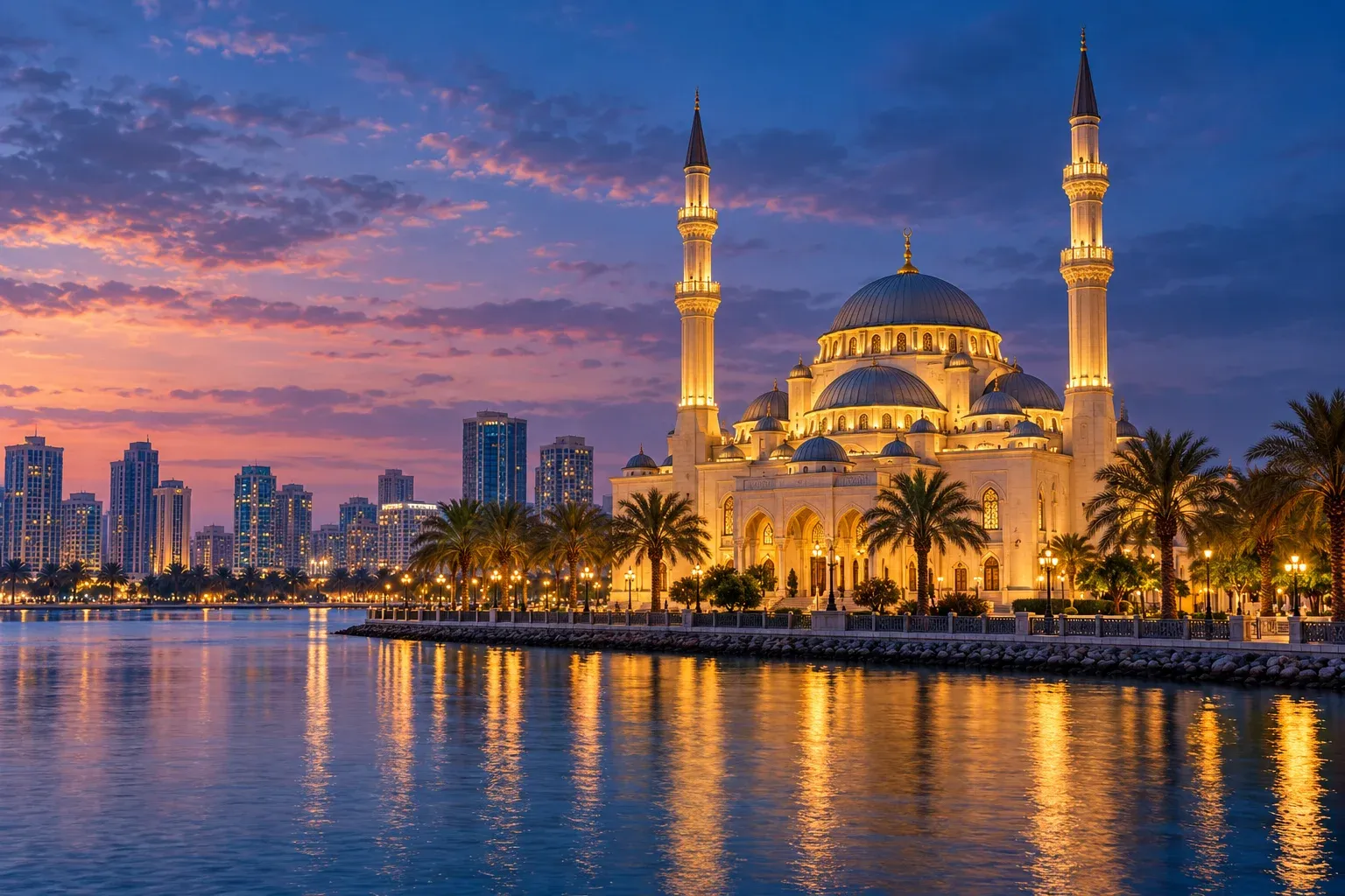 al noor mosque — stunning at night — AI illustration