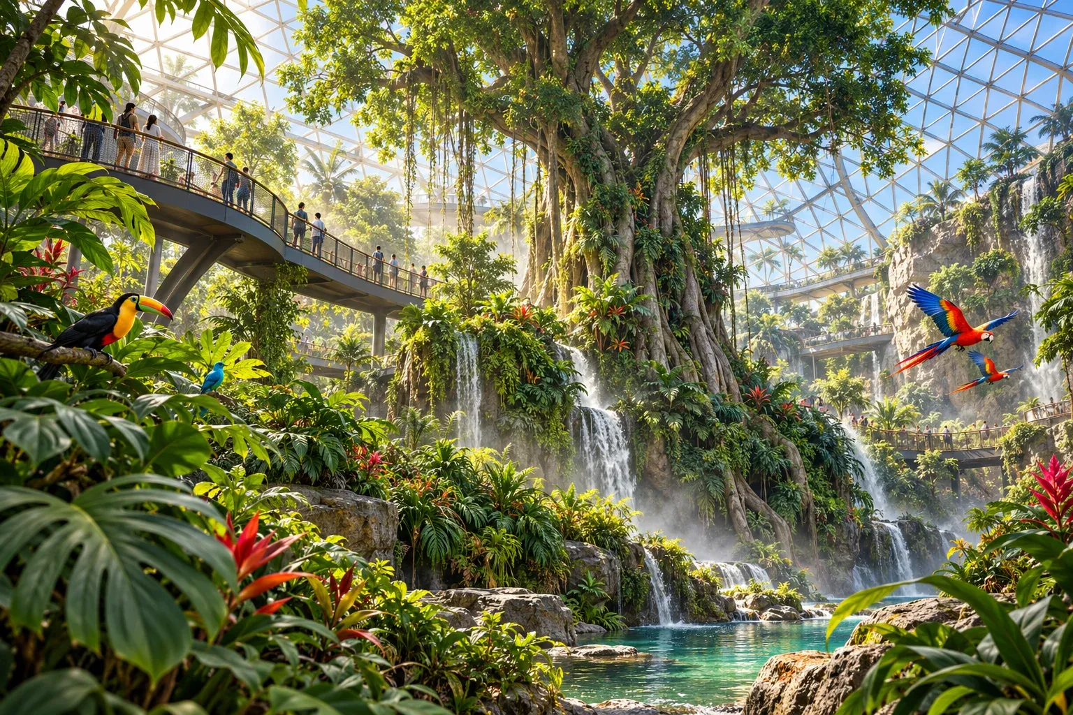 Indoor rainforest with a central tree and elevated walkway ? AI illustration