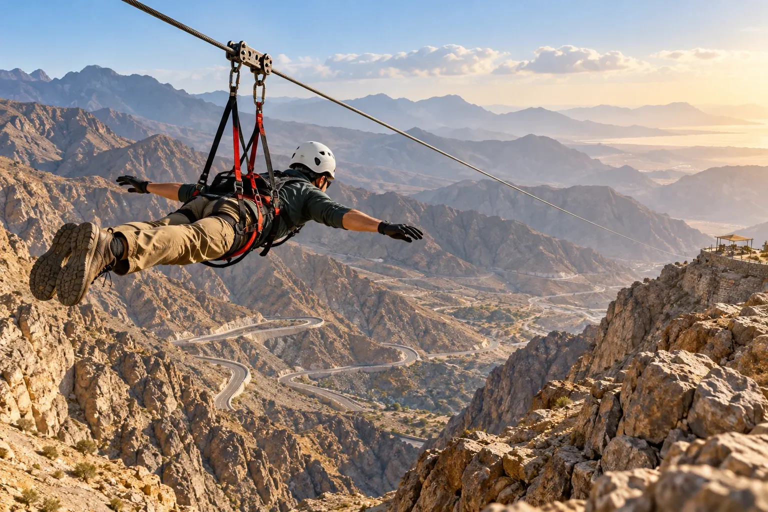 jebel jais flight — world's longest zipline — AI illustration