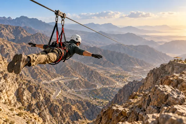 jebel jais flight — world's longest zipline — AI illustration