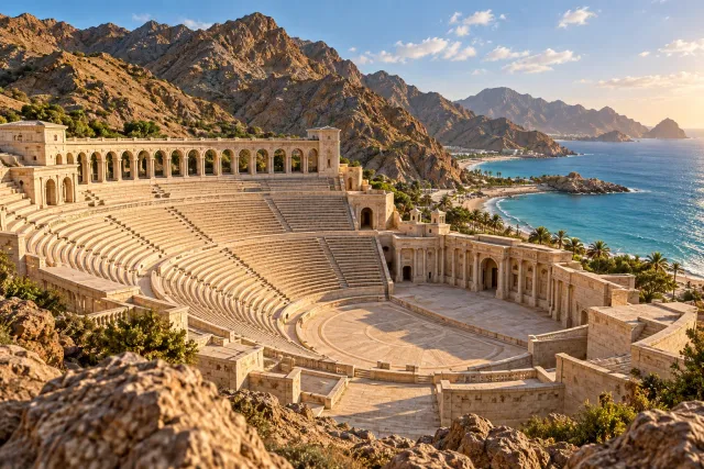 khorfakkan amphitheatre & resistance monument — AI illustration