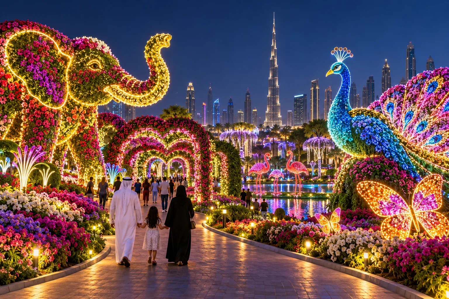 Illuminated garden sculptures at night ? AI illustration