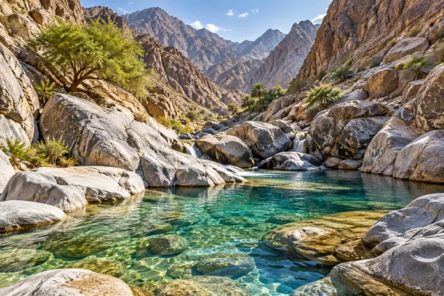 wadi saham — crystal clear pools — AI illustration