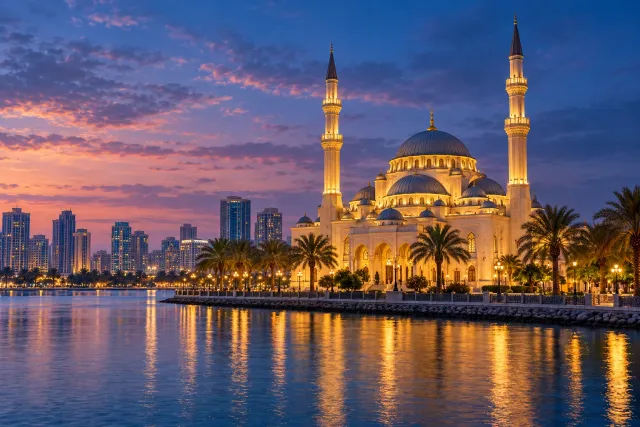 al noor mosque — stunning at night — AI illustration