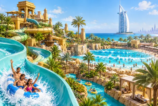 Arabian themed waterpark with slides and wave pool ? AI illustration