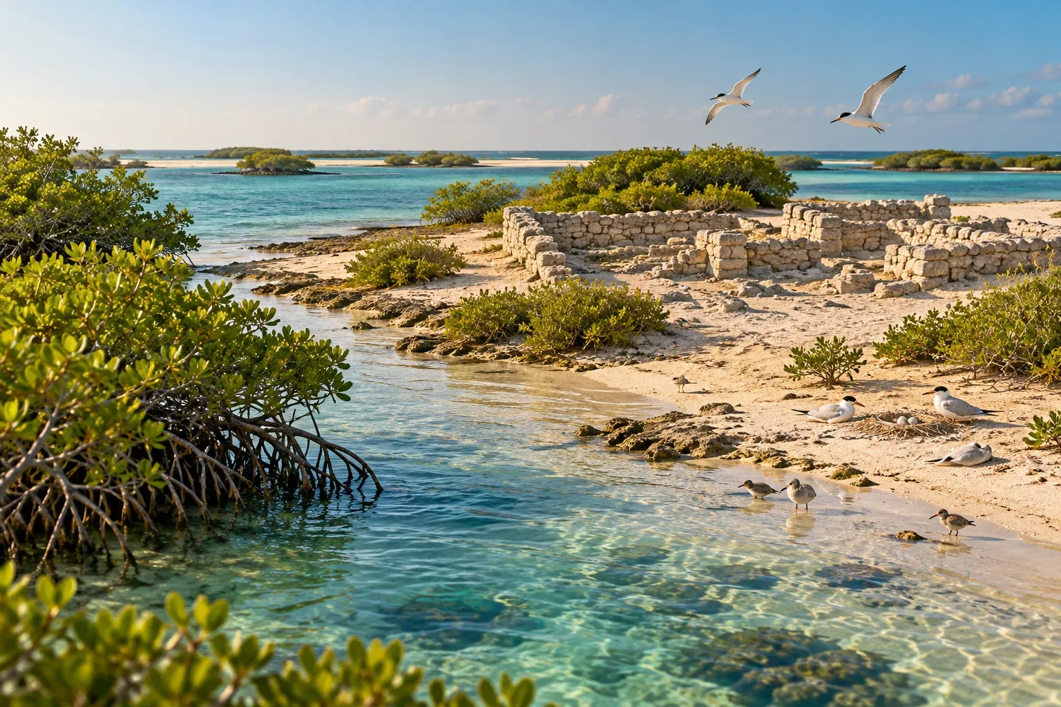 siniyah island — bird nesting & ancient church ruins — AI illustration