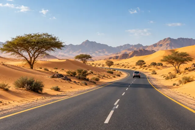 uaq to al badayer scenic desert road — AI illustration