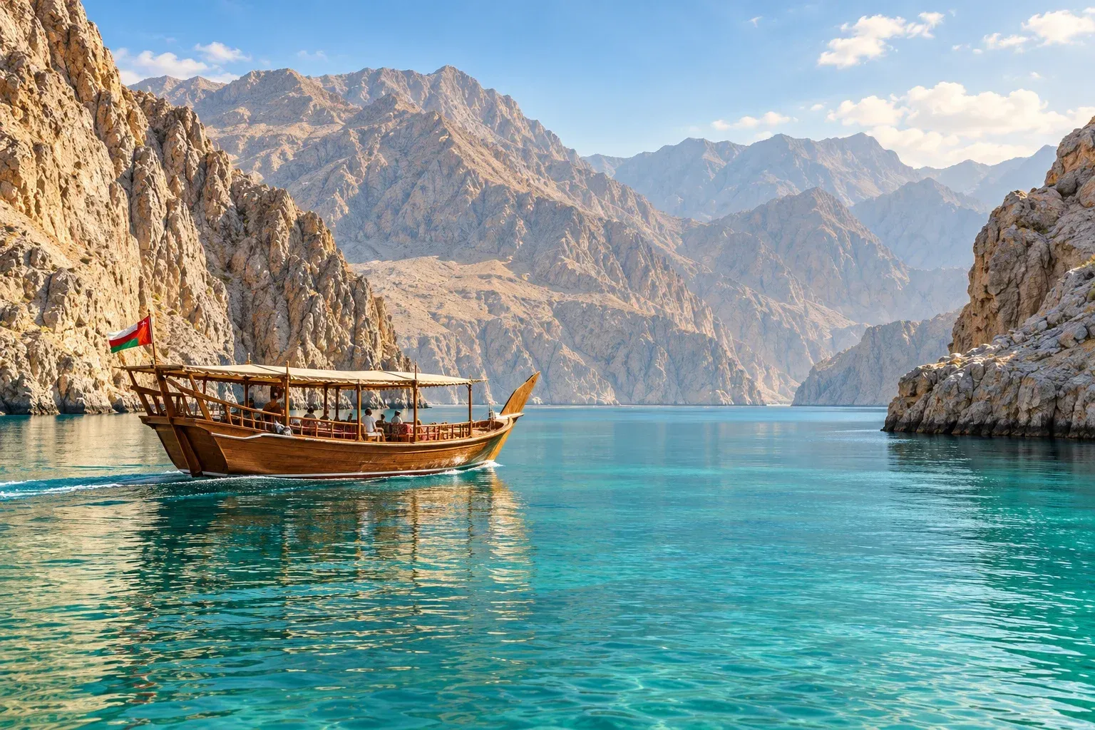 khasab dhow cruise — fjords & dolphins — AI illustration