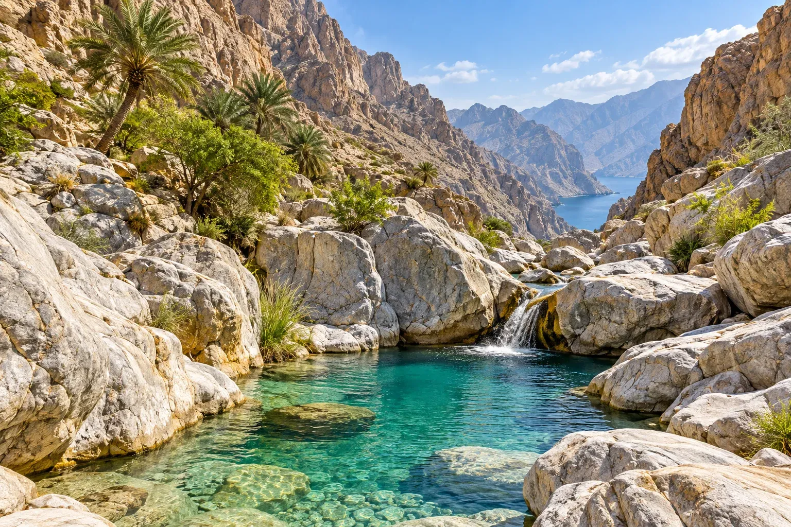 sal al ala wadi — freshwater pools — AI illustration