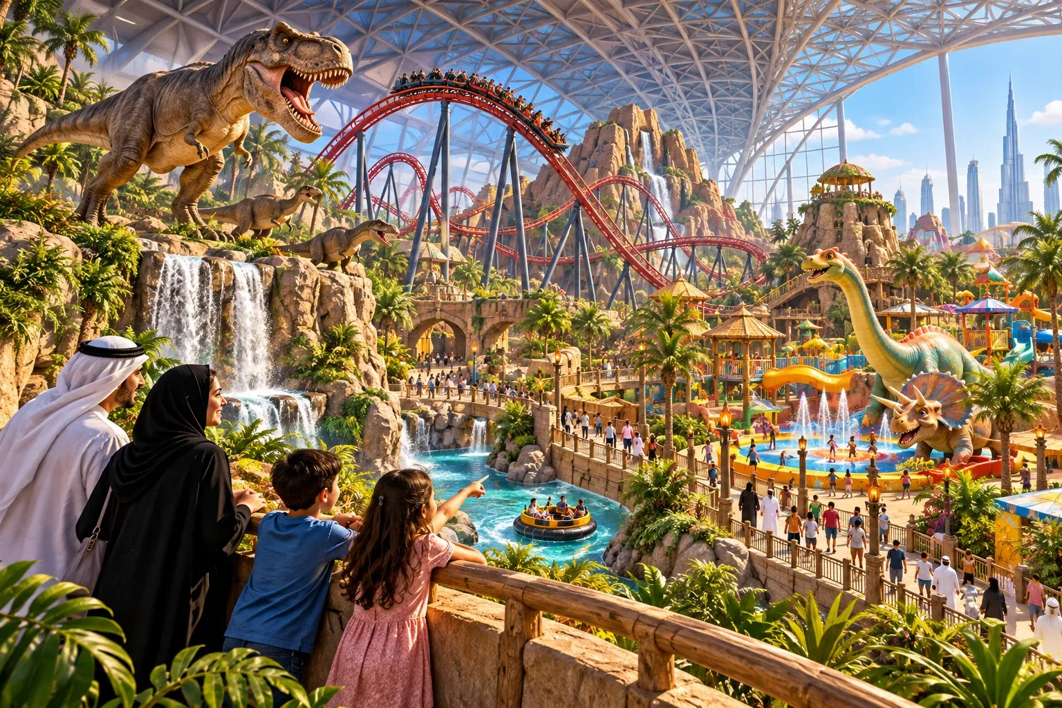 Indoor theme park with roller coaster and dinosaur scenery ? AI illustration