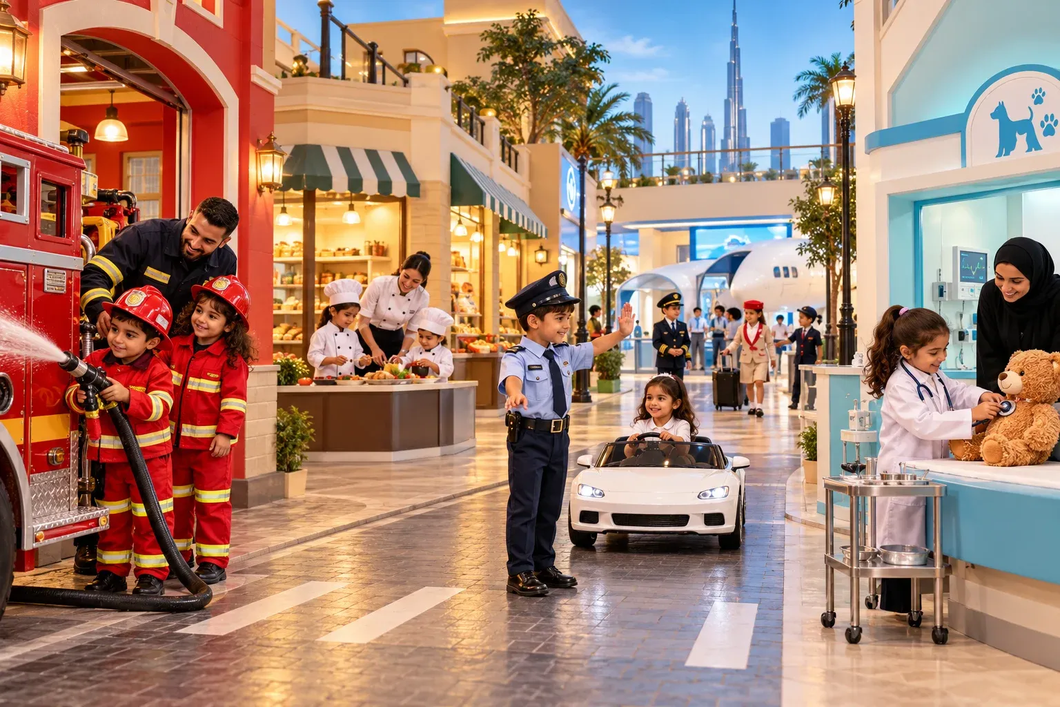 Children exploring an indoor role play city ? AI illustration