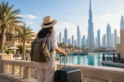Traveller with backpack and suitcase in Dubai