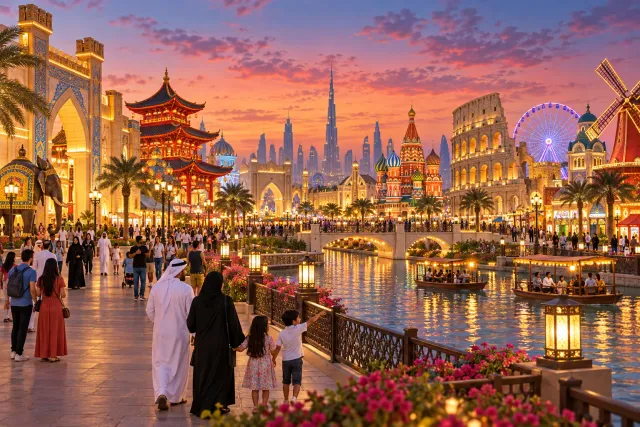 Cultural festival pavilions at dusk ? AI illustration