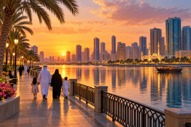 sharjah corniche sunset walk — AI illustration