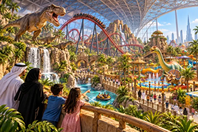 Indoor theme park with roller coaster and dinosaur scenery ? AI illustration