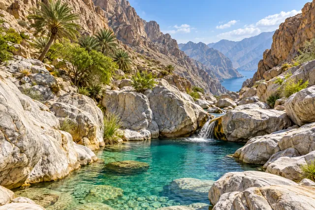 sal al ala wadi — freshwater pools — AI illustration