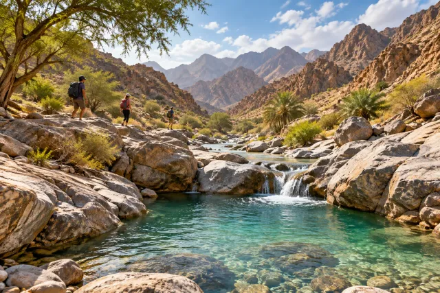 wadi shawka — hiking & pools — AI illustration