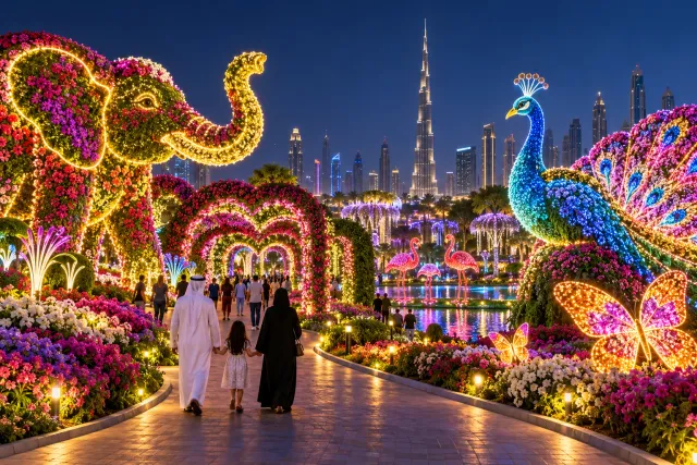 Illuminated garden sculptures at night ? AI illustration