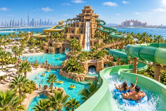 Tropical waterpark with slides and pools ? AI illustration