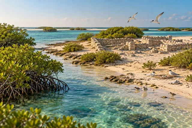 siniyah island — bird nesting & ancient church ruins — AI illustration